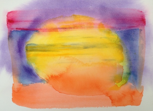 Watercolor: Abstract 92614 stage 1 - Yellow round center, Red top stripe; Orange bottom stripe; Blue sides; Purple wash, around Yellow Center; add stripes in yellow and more orange at bottom