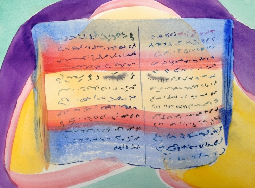Watercolor: Abstract - Book-like frame overlaid on closed eyes of an underlying figure