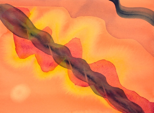 Watercolor: Abstract - Orange background with Yellow, Red and Purple undulating waves running diagonally from upper left to lower right